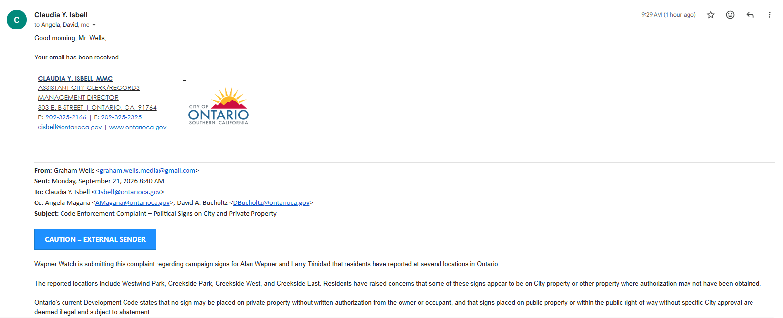 City of Ontario email acknowledgment from Assistant City Clerk Claudia Y. Isbell confirming receipt of Wapner Watch's September 21, 2026 campaign-sign complaint.